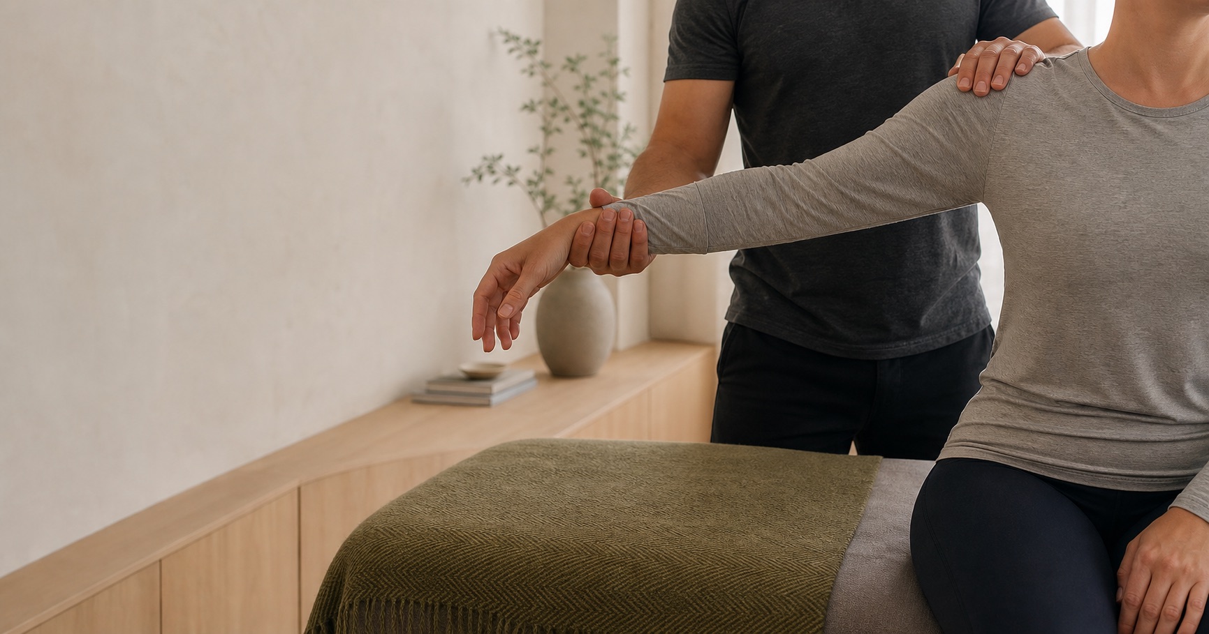 Tony guides a client through a gentle shoulder movement assessment